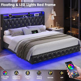 Keyluv King Floating Bed Frame with LED Lights & Charging Station, Upholstered PU Leather Platform Bed with Button Tufted Storage Headboard, No Box Spring Needed, Noise-Free, Easy Assembly, Black Keyluv