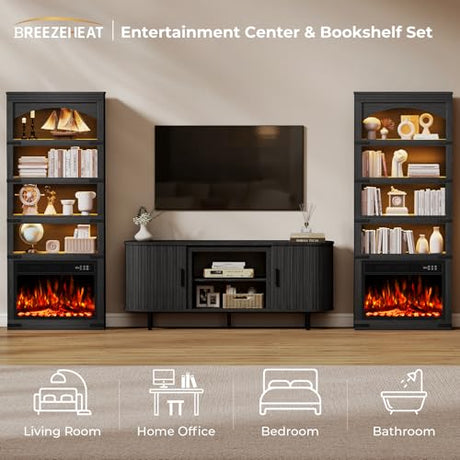 BREEZEHEAT 23 Inch Electric Fireplace with Bookcase, 70" Tall Arched Bookshelf w/LED Light, Timer, Realistic Flame Effect, Modern Storage Accent Bookshelf for Home, Office, Living Room, Black BREEZEHEAT