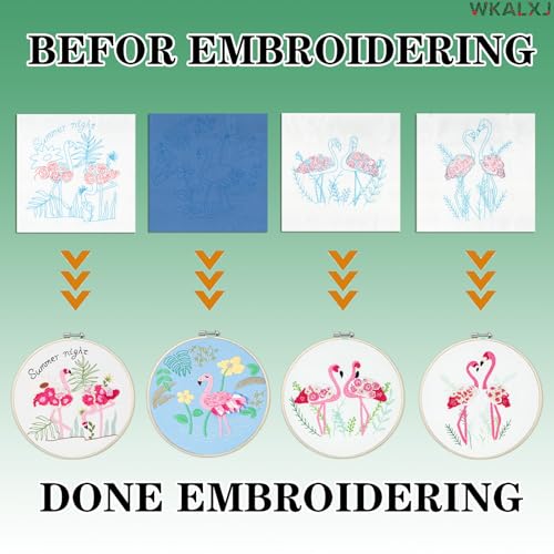 WKALXJ 4 Sets Embroidery Kits for Beginners to Advanced, Cross Stitch Kits Needlepoint Kits Crafts for Adults, Needle Point Kits with Flamingo Plant Pattern(Advanced Flamingo)