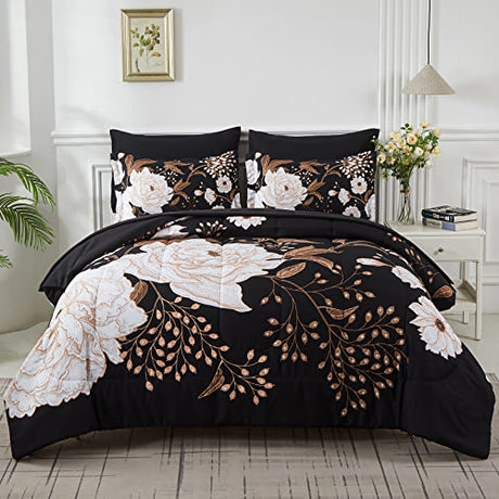 Yogeneg 5 Piece Bed in a Bag Twin Size Comforter Set Botanical Floral Bedding Set,White Flower Leaves Printed on Black Reversible Design,Soft Microfiber Comforter with Sheet Set,All Season(Black,Twin) Yogeneg