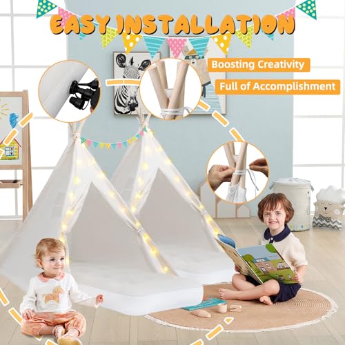 4 Pack Teepee Tent for Kids [Thickened] with Light String and Inflatable Airbed, Slumber Party Tents, Sleepover Tents Party for Girls Boys Indoor Outdoor (White) WOUDY