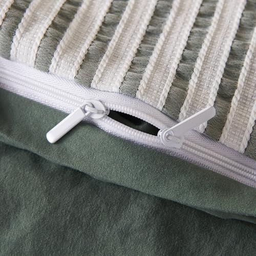 TISPLR King Duvet Cover Set Striped Washed Microfiber Jacquard 3 Pieces Bedding Set, Green White Vertical Ticking Stripes Pattern Comforter Cover with Zipper Closure Breathable Durable Soft Comfy TISPLR