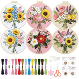 ORIGACH 6 Pack Flower Bouquet Embroidery Kits for Beginners, DIY Starter Hand Embroidery Kit with Sunflower Rose Lavender Patterns and Instructions for Adults Women Crafting