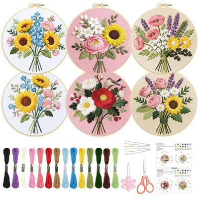 ORIGACH 6 Pack Flower Bouquet Embroidery Kits for Beginners, DIY Starter Hand Embroidery Kit with Sunflower Rose Lavender Patterns and Instructions for Adults Women Crafting
