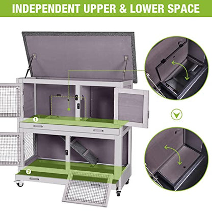 Rabbit Hutch Bunny Cage, Guinea Pig Cage Bunny Hutch Indoor, Wood Pet Cage with 4 Casters -2 Story & 2 Trays