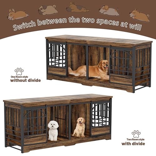 COZPAW 78 Inch Double Dog Crate Furniture, Extra Large Dog Kennel Indoor for 2 Dogs, Heavy Duty Dog Cage with Divider, Wooden Dog House Decorative Table TV Stand for XLarge Dogs (Cognac Brown) COZPAW