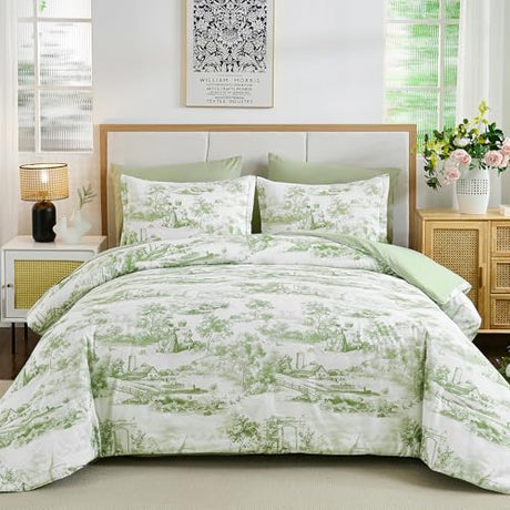 WONGS BEDDING Green Comforter Set Queen, 7 Pieces Bed in a Bag Sage Green Comforters with Sheets, Vintage Botanical Print Bed Sets, Soft Lightweight Microfiber Complete Bedding Set for All Season WONGS BEDDING