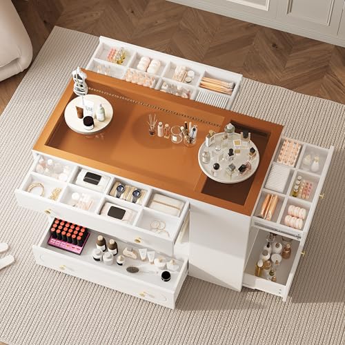 Merax Wood Closet Island with 6 Drawers 47.3" Wardrobe Armoire Bedroom Island with Glass Top and Open Shelves, Jewelry Storage Vanity Island with Compartments, Cloakroom Walk-in Closet Island (White) Merax