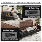 hausway 83”Faux Leather Futon Couch,Mid Century Modern Convertible Leather Sofa with Adjustable Backrest,Storage Pocket,Wooden&Steel Frame for Office,Living Room,Space-Saving,Black hausway