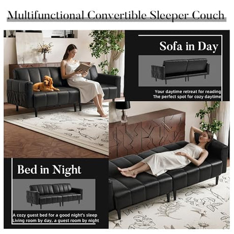 hausway 83”Faux Leather Futon Couch,Mid Century Modern Convertible Leather Sofa with Adjustable Backrest,Storage Pocket,Wooden&Steel Frame for Office,Living Room,Space-Saving,Black hausway