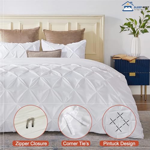 SLEEP-NEST Luxurious Pinch Pleated Duvet Cover Set King Size 104" x 90" - 100% Egyptian Cotton Long Staple Duvet Cover Set with Zipper Closure & Corner Tie Breathable Cover - Pinch White SLEEP-NEST