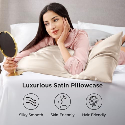 Bedsure Satin Pillowcases, Similar to Silk Pillow Cases Queen Size Set of 2, Cooling Pillow Case for Sleeping Women with Envelope Closure, Gifts for Women Men, Beige, 20x30 Inches, 2pcs Bedsure