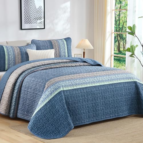 Menghomeus Blue Quilt Set King Size, 3 Pieces Striped Patchwork Quilted Bedding Sets, Soft Lightweight King Bedspreads Coverlets Bedding Set for All Seasons 104"x90" Menghomeus