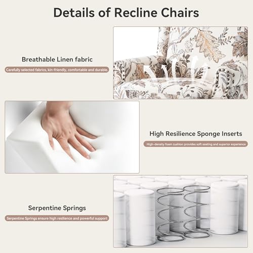 Pushback Recliner Chair, Floral Fabric Wingback Recliner Chair, Upholstered Rivet Trim Armchair Push Back Recliner Accent Chair for Small Spaces, Living Room, Plants Beige