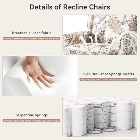 Pushback Recliner Chair, Floral Fabric Wingback Recliner Chair, Upholstered Rivet Trim Armchair Push Back Recliner Accent Chair for Small Spaces, Living Room, Plants Beige Blissabod