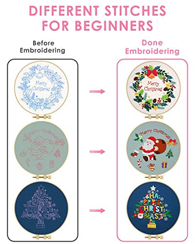 TINDTOP Christmas Embroidery Kit for Adult, 3 Sets Embroidery Stitch Practice kit Include Embroidery Cloth Hoops Threads for Craft Lover Hand Stitch TINDTOP