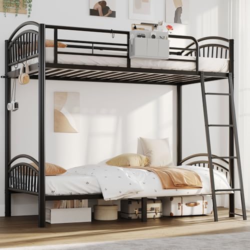 Decofy Metal Bunk Bed Twin Over Twin, Heavy Duty Industrial Bunkbeds for Teen with Bedside Caddy, Convertible Ladder & Flat Rungs, Space Saving Bunkbed Frame for Bedroom Dorm, No Box Spring Needed
