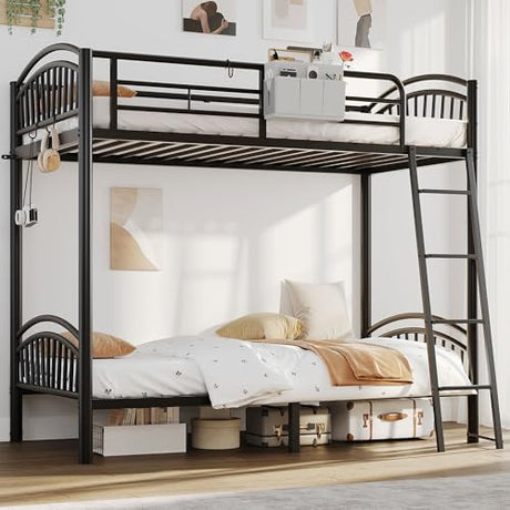 Decofy Metal Bunk Bed Twin Over Twin, Heavy Duty Industrial Bunkbeds for Teen with Bedside Caddy, Convertible Ladder & Flat Rungs, Space Saving Bunkbed Frame for Bedroom Dorm, No Box Spring Needed Decofy