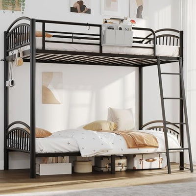 Decofy Metal Bunk Bed Twin Over Twin, Heavy Duty Industrial Bunkbeds for Teen with Bedside Caddy, Convertible Ladder & Flat Rungs, Space Saving Bunkbed Frame for Bedroom Dorm, No Box Spring Needed