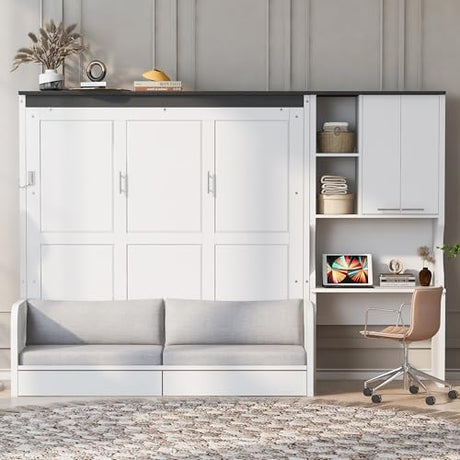 Merax Queen Size Wood Murphy Bed with Upholstered Sofa & Desk, Multifunctional Foldable Wall Platform Bed for Guest-Room, Bedroom, Space Saving, White+ Gray Merax