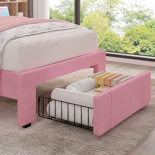 VECELO Twin Size Upholstered Bed Frame with 4 Drawers and Headboard, Velvet Platform Storage Bedframe, Wooden Slats Support, No Box Spring Needed,Pink VECELO