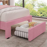 VECELO Twin Size Upholstered Bed Frame with 4 Drawers and Headboard, Velvet Platform Storage Bedframe, Wooden Slats Support, No Box Spring Needed,Pink VECELO