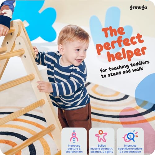 GROWGO Pikler Triangle Climber with Ramp - Toddler Climbing Toys Indoor Montessori Climbing Toy Set Pickle Triangle Montessori, Baby Climbing Toys Indoor, Pickler Set Wooden Play Gym, Kids Climbers