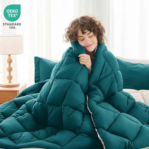 MUXHOMO 7 Pieces Full Comforter Set, Reversible Bed in a Bag Full Size, All Season Bedding Set with Comforter, Flat Sheet, Fitted Sheet, Pillowcases & Shams, Peacock Blue & Ivory MUXHOMO