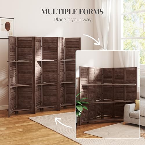 HOMCOM Room Divider, 6 Panel 67" Tall Wood Privacy Screen with 3 Display Shelves, and Folding Storage for Bedroom or Home Office, Walnut HOMCOM