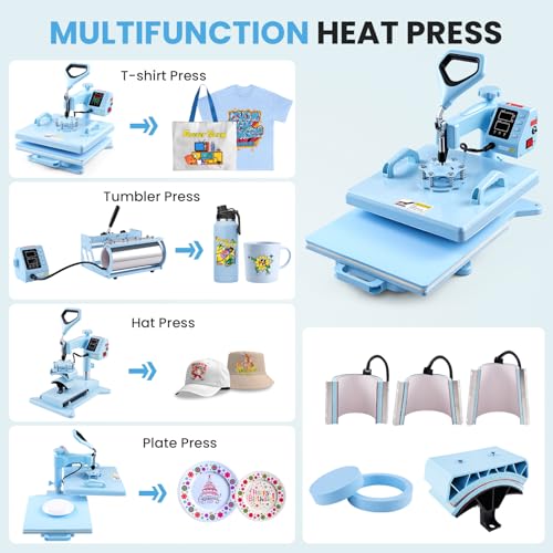 8 in 1 Heat Press kit, 15x15 Heat Press Machines with Attachment 9-30oz Tumblers Press, Hats Press, Flats Press, Multifunction Combo DIY Heats Transfer Press Vinyl for Beginners and entrepreneu AKEYDIY