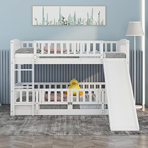 Merax Twin Over Twin Bunk Bed with Slide, Low Bunk Bed Frame with Convertible Ladder & Detachable Fence, Solid Pine Wood Structure for Bedroom, White Merax