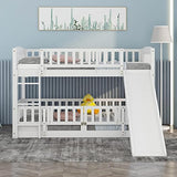Merax Twin Over Twin Bunk Bed with Slide, Low Bunk Bed Frame with Convertible Ladder & Detachable Fence, Solid Pine Wood Structure for Bedroom, White Merax