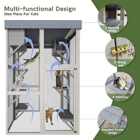 Outdoor Wooden Catio Cat House,Large Cat Enclosure with 6 Platforms,2 Napping Houses & Removable Waterproof Roof,Solid Wood Playpen Cage for Multiple Cats,Secure & Walk-in Design,70.5" H Gray GDFStudio