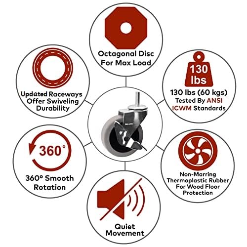 DELIVeR 3 Inch, Locking Swivel Caster Wheels, Set of 4,Heavy Duty with Nylon Nuts for Carts, Replacement Rubber Wheels, Threaded Stem 3/8”-16 x 1” Caster, 130 Lbs Per Caster DELIVeR