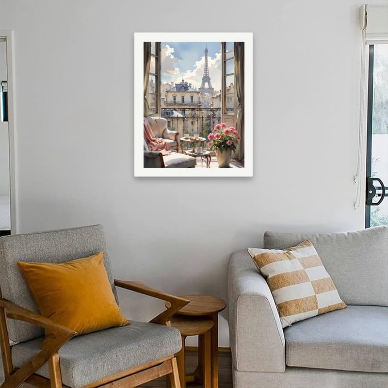 Paris Balcony Paint by Numbers Kit for Adults - DIY Eiffel Tower and Tea Setting Painting on Canvas 16x20In, Acrylic Paint Set, Suitable for Beginners, Art for Home Decoration or Gifts DecorFriday