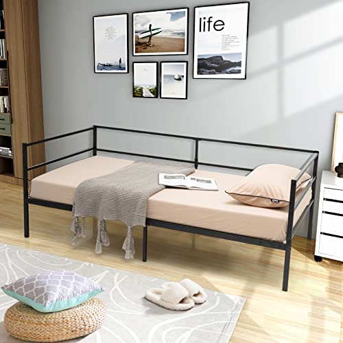 Giantex Metal Twin Daybed Frame, Day Bed with Metal Slat Support & 3-Sided Guardrails, 2-in-1 Space-Saving Sofa Bed for Living Room Guest Room, No Box Spring Needed, Black Giantex