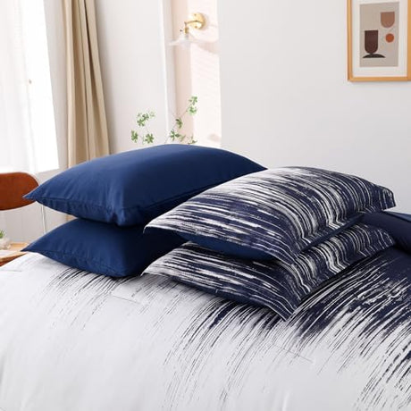 Dinjoy Ombre Blue Comforter Set King Size Gradient Navy Blue White Boho Bedding Set for Teen Men Women 7 Pieces Bed in A Bag Bohemian Bed Set with Comforter, Sheets, Pillowcases & Shams Dinjoy