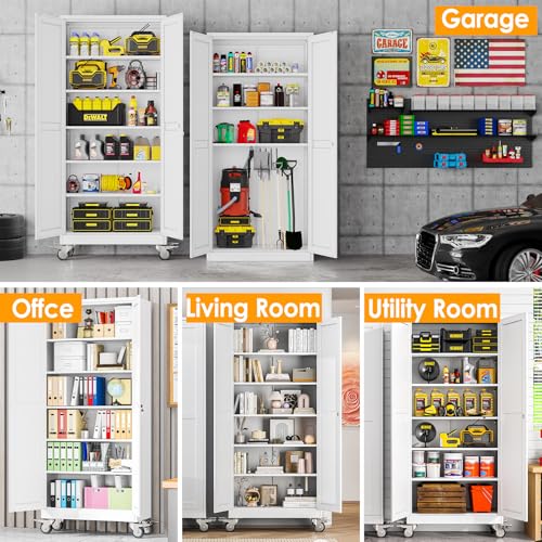 PAOFIN 75''H Metal Garage Storage Cabinet with Wheels,Steel File Cabinets with 2 Doors and 5 Adjustable Shelves for Home Office, Warehouse, Required Assembly,White PAOFIN