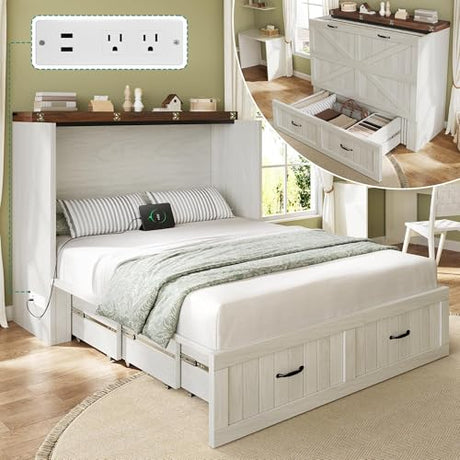 DWVO Full Size Murphy Bed with Charging Station, Cabinet Bed with Large Storage Drawer, Farmhouse Multi-Functional Murphy Cabinet Bed Frame for Bedroom or Guest Room, Noise-Free, Rustic White DWVO