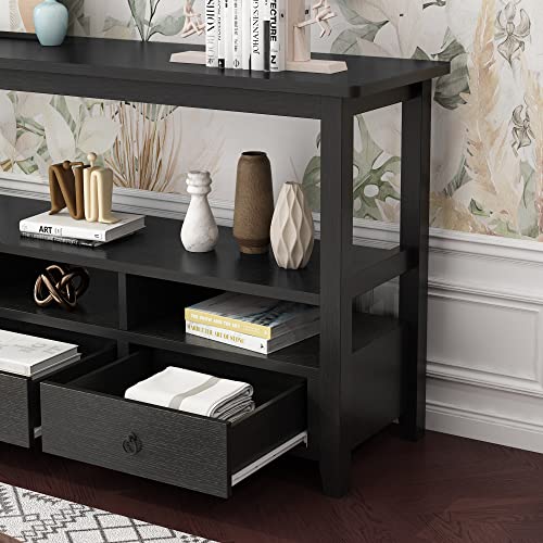Karl home Console Table with 3 Bottom Drawers, 57.9" W Sofa Side Table Entryway Desk with 3 Storage Cubbies 1 Open Shelf, Vintage TV Stand for Hallway Living Room Office, Black 29.9" H Karl home