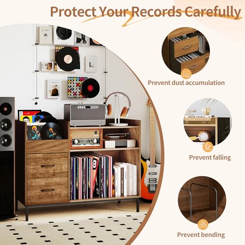 FLIXELIO Record Player Stand with Vinyl Storage and Drawers, 500+ Vinyl Record Storage Cabinets with Metal Legs Turntable Stand Mid Century Modern Record Player Table for Living Room FLIXELIO