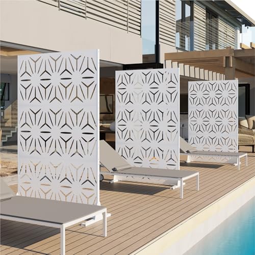 Heavy-Duty Outdoor Privacy Screen for Patio, Balcony, Backyard - 72" H * 44" W Metal Room Divider with Modern Geometric Pattern, Anti-Tipping Kit, Weather Resistant, Easy Assembly (White-SJX) QINPTWUT