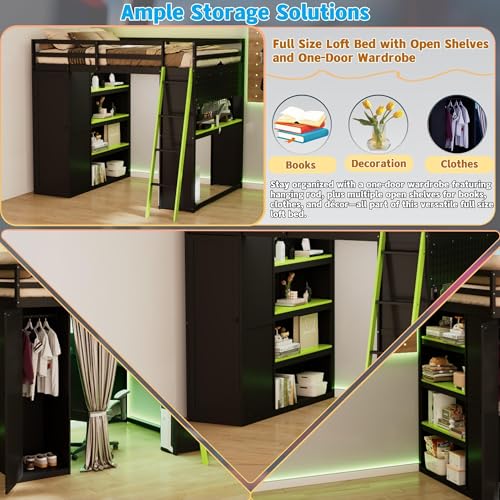 Linique Full Size Gaming Loft Bed with Desk, LED Lights and Charging Station, Wood Loft Bed Frame with Wardrobe, Open Shelves, Blackout Curtains, for Kids Teens Adults, Black+Green Linique