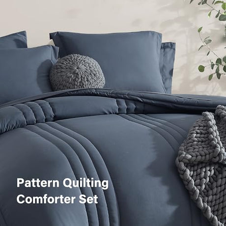 Monbix King Size Comforter Set - 7 Pieces Bed in a Bag King, Blue Gray Bedding Sets with Comforter, All Seasons Comforter Bed Set with Sheets, Pillowcases & Shams Monbix
