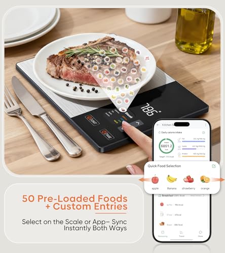 KUAIVO Smart Nutrition Food Scale with TFT Display, Tracks Calories, Fat, Carbs & Protein, Works with App for Daily Reports, 50 Built-in Foods, 23 Nutrients, Digital Kitchen Scale for Meal Prep KUAIVO