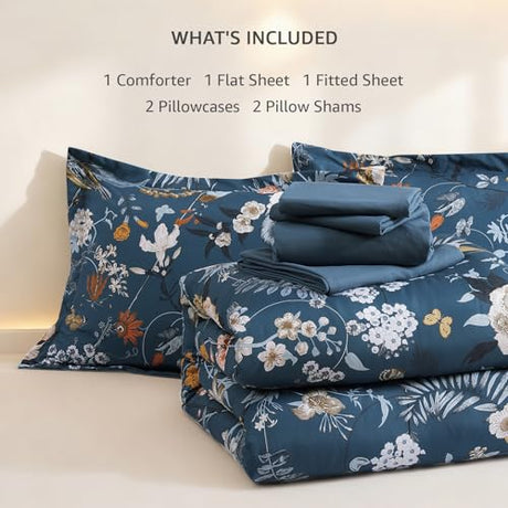 CASAAGUSTO King Size Comforter Set - 7 Pieces Blue Floral Bedding Sets, King Bed in a Bag with Botanical Butterfly Comforter, Sheets, Pillowcases & Shams for All Seasons CASAAGUSTO