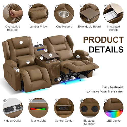 DRMBOOK Power Loveseat Recliner Sofa, Faux Leather Wall Hugger Reclining Couch with Console, Electric Double Reclinable Movie Seating 2 Person Recliner with LED/USB/Type C/Bluetooth Speakers, Khaki