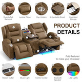 DRMBOOK Power Loveseat Recliner Sofa, Faux Leather Wall Hugger Reclining Couch with Console, Electric Double Reclinable Movie Seating 2 Person Recliner with LED/USB/Type C/Bluetooth Speakers, Khaki