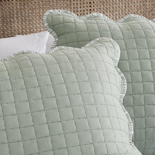 WDCOZY Sage Green Twin Size Quilt Bedding Set, Seafoam Scalloped Farmhouse Country Rustic Lightweight Soft Coverlet for All Season, Cute Cozy Kantha Pick Stitch Bedspread, 1 Pillow Shams WDCOZY