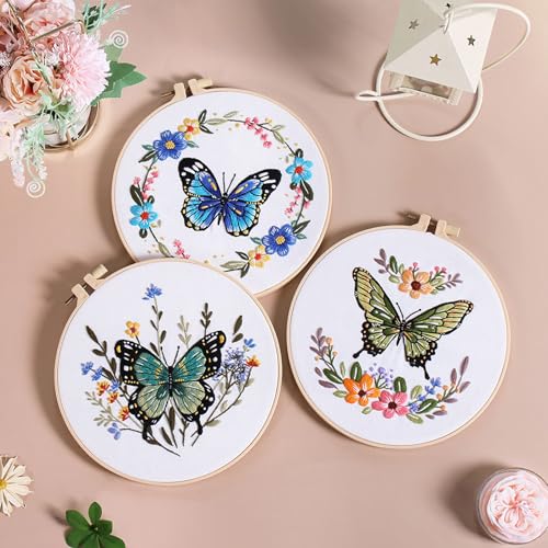 GLTAYLMY Butterfly Embroidery Kit for Beginners Adults, 3 Sets Hand Embroidery Starter Kit with Flower Pattern and Instructions Stamped Cross Stitch Kits Include Embroidery Hoop Needles Threads